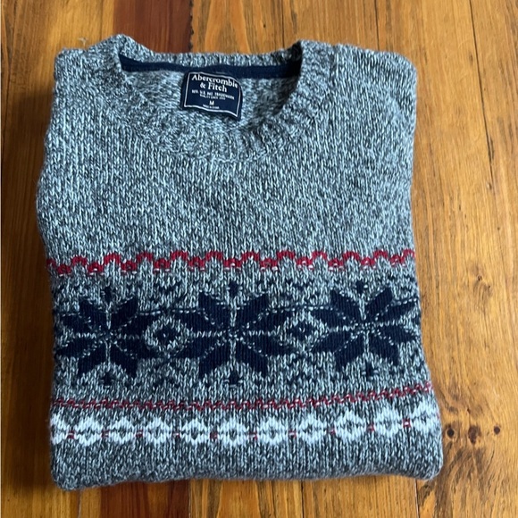 Abercrombie Merino Wool Fair Isle Gray Crew Après Ski Sweater Snowflake M - Picture 2 of 11